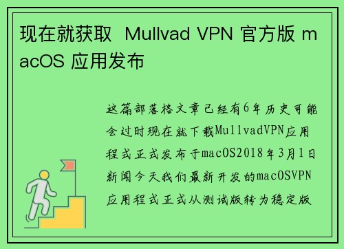 现在就获取  Mullvad VPN 官方版 macOS 应用发布 